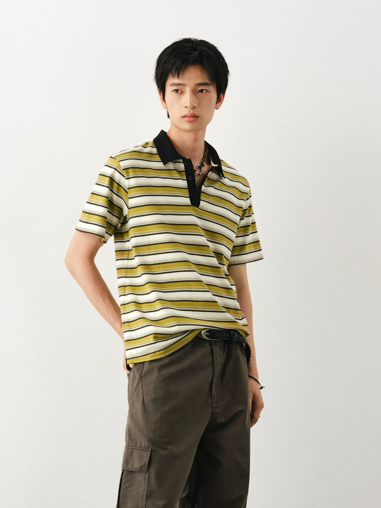 DIMC Spliced Collar Striped Polo Shirt