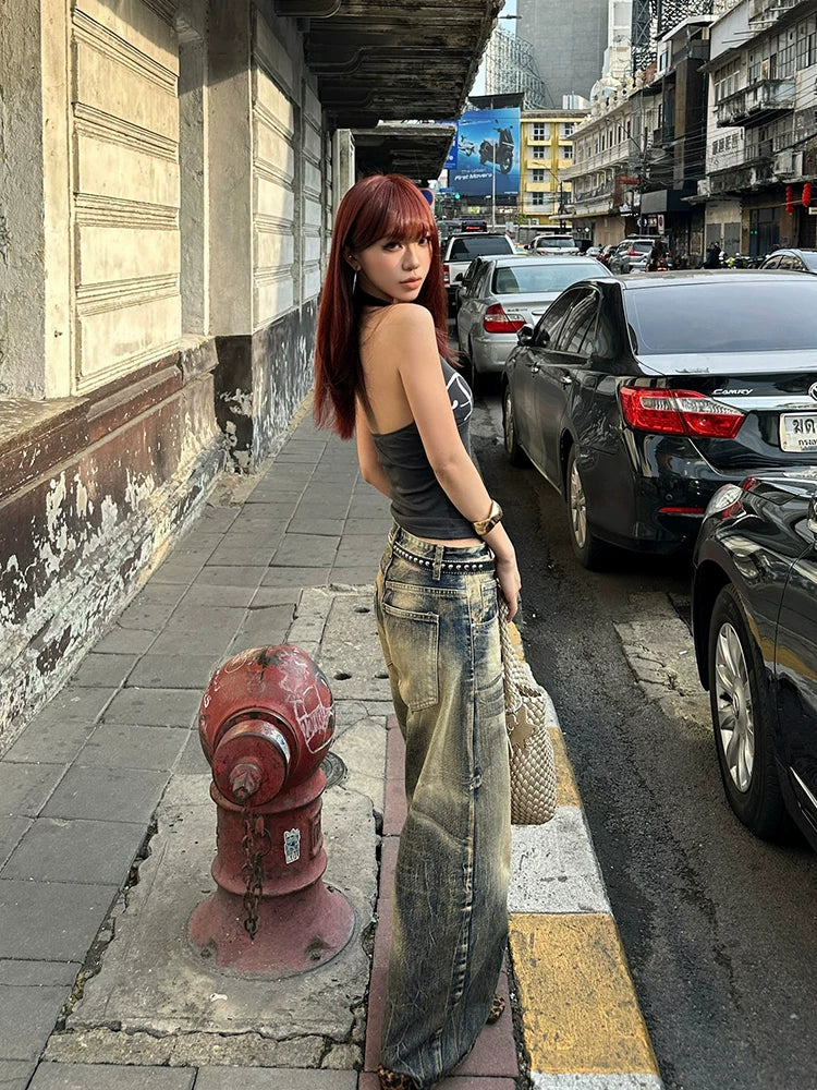 EAHO Retro Old Gradual Change Wide Leg Jeans