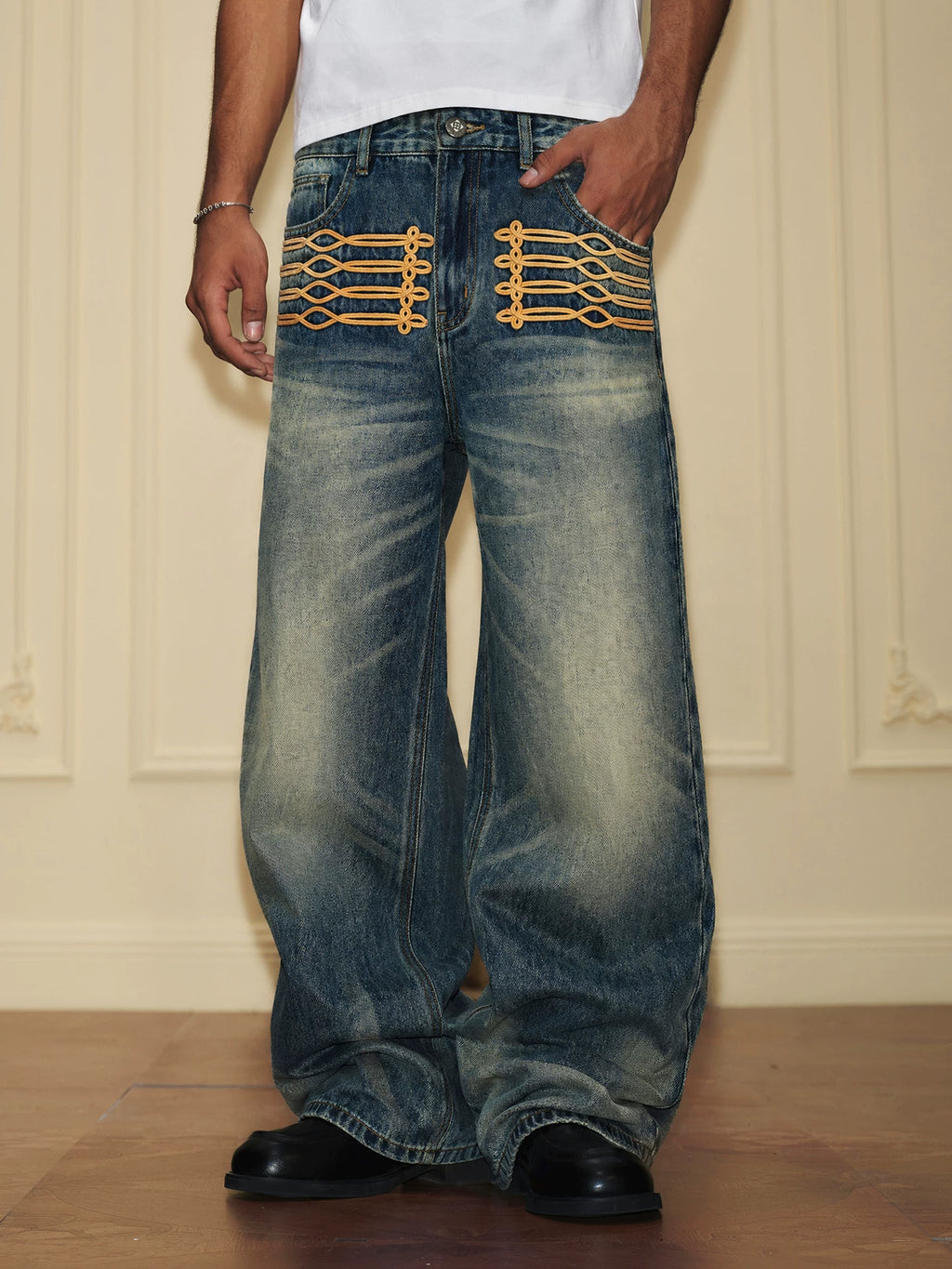 YADcrew Vintage Embroidered Loose Jeans