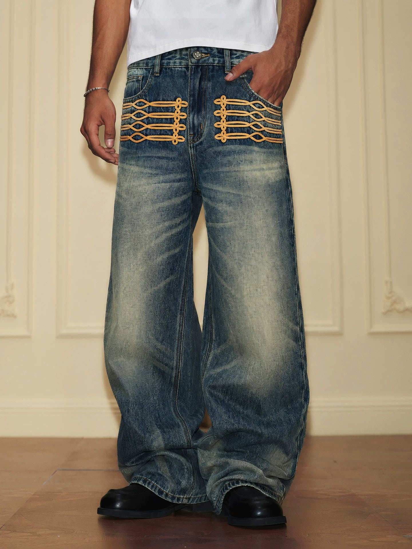 YADcrew Vintage Embroidered Loose Jeans