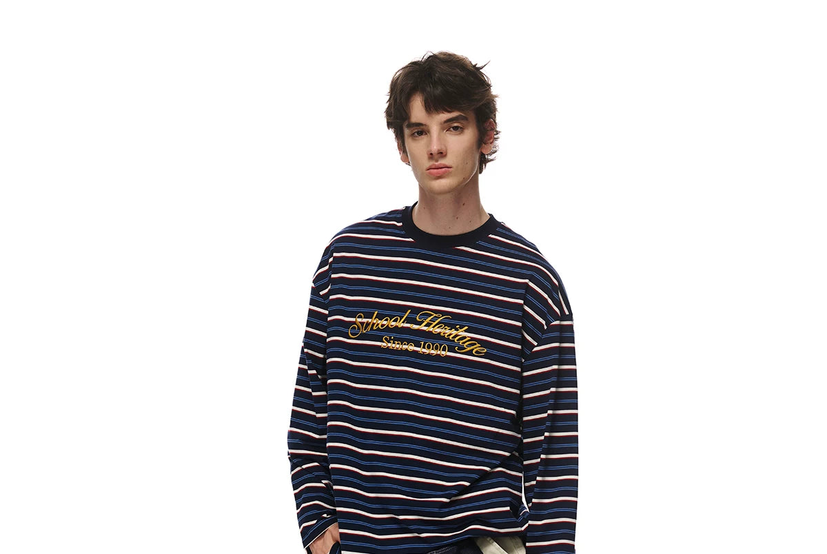 Loopsoon Striped Chest Contrast Print Crew Neck Long Sleeve