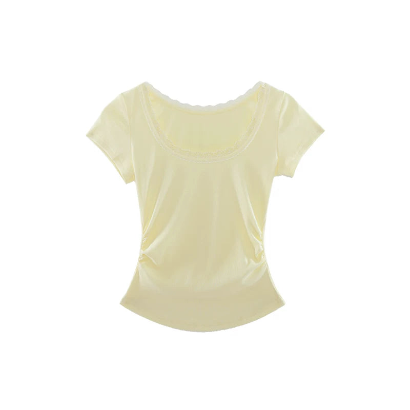 Audwyn Crew Neck Lace Stitching Slim Tee
