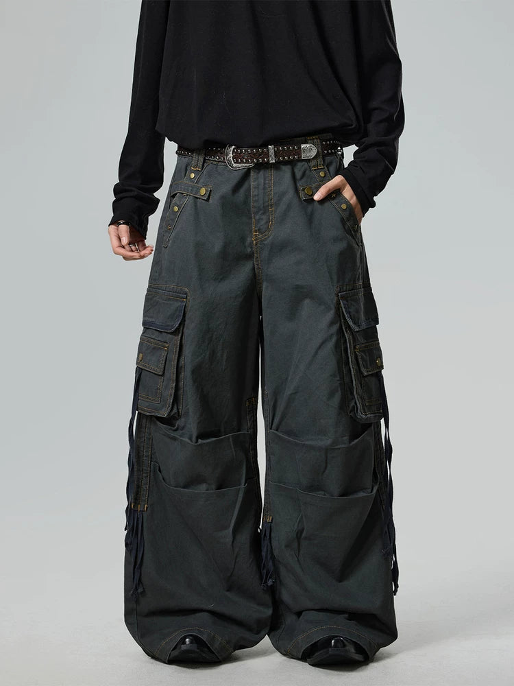 BTSG Blockbuster Wash Design Multi-Pocket Wide Leg Pants