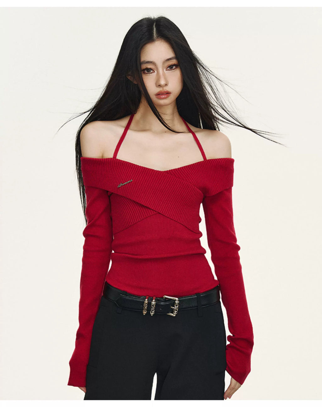 Anna Aneae Cross Off-Shoulder Knit Long Sleeves