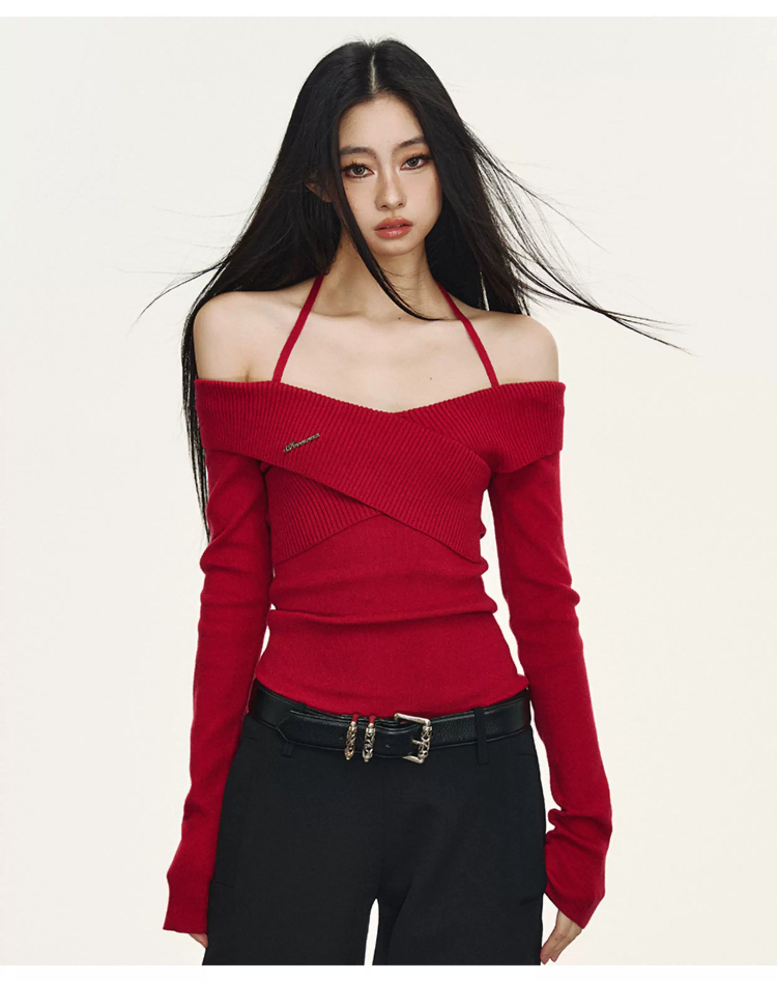 Anna Aneae Cross Off-Shoulder Knit Long Sleeves