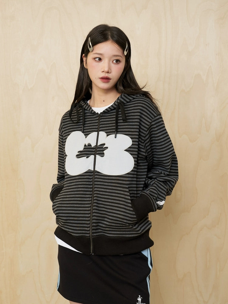 MoodLikeMe Striped Flower Patch Embroidered Hooded Sweater