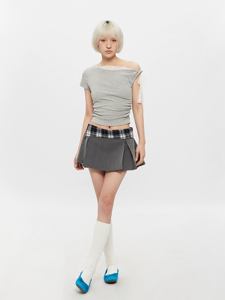 AIRHOOD Lace Sexy Diagonal Collar Short Tee