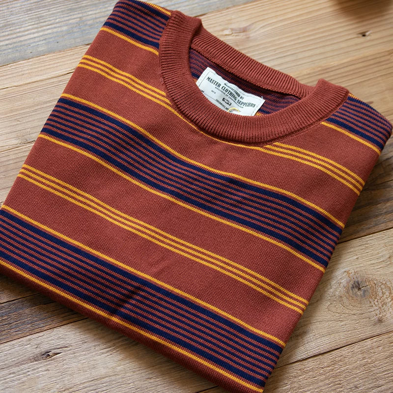 PrintAce Knitted Vintage Striped Crew Neck Front Shoulder Tee