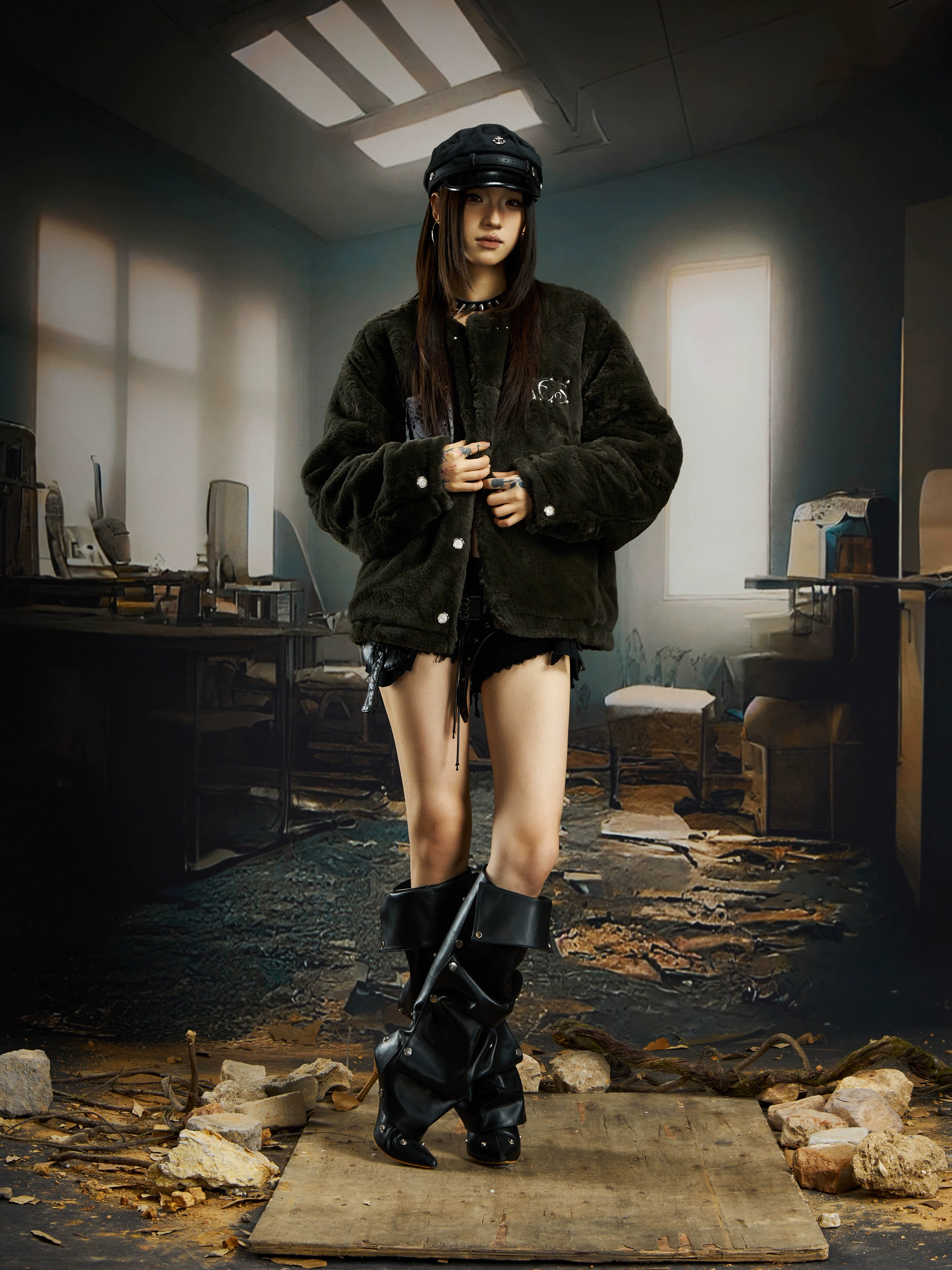 NOMANIAI Plush Comic Patch Short Padded Jacket