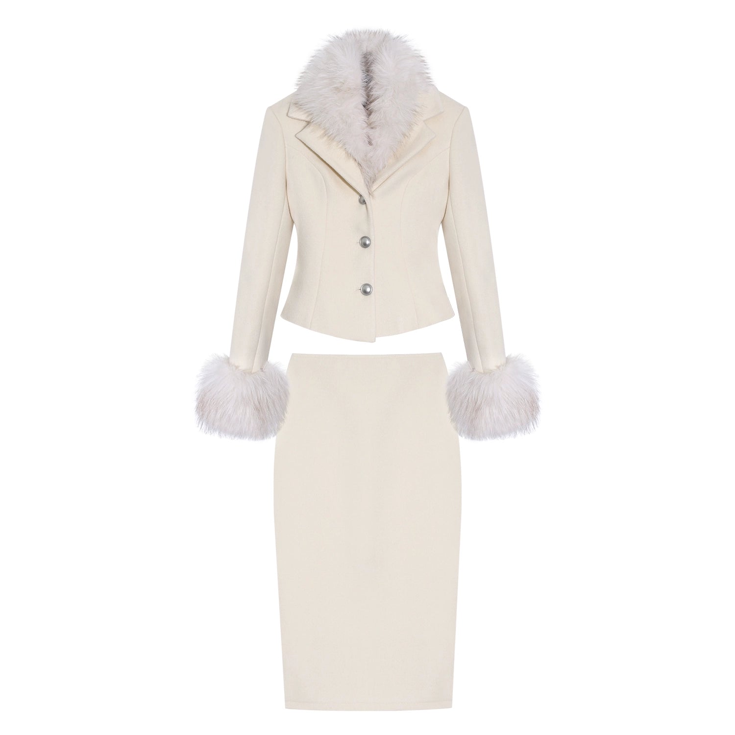 LLROGE Temperament Fur Collar Waist Woolen Jacket Skirt Set