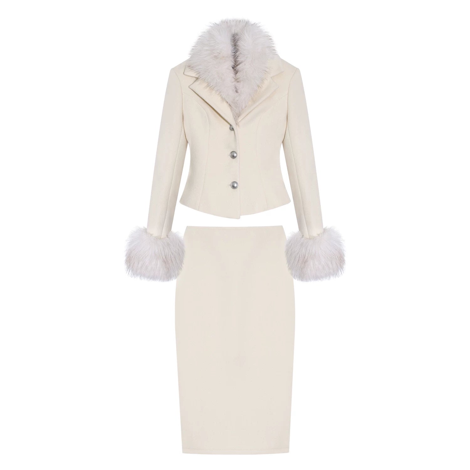 LLROGE Fur Collar Waist Woolen Jacket Skirt Two-piece Set