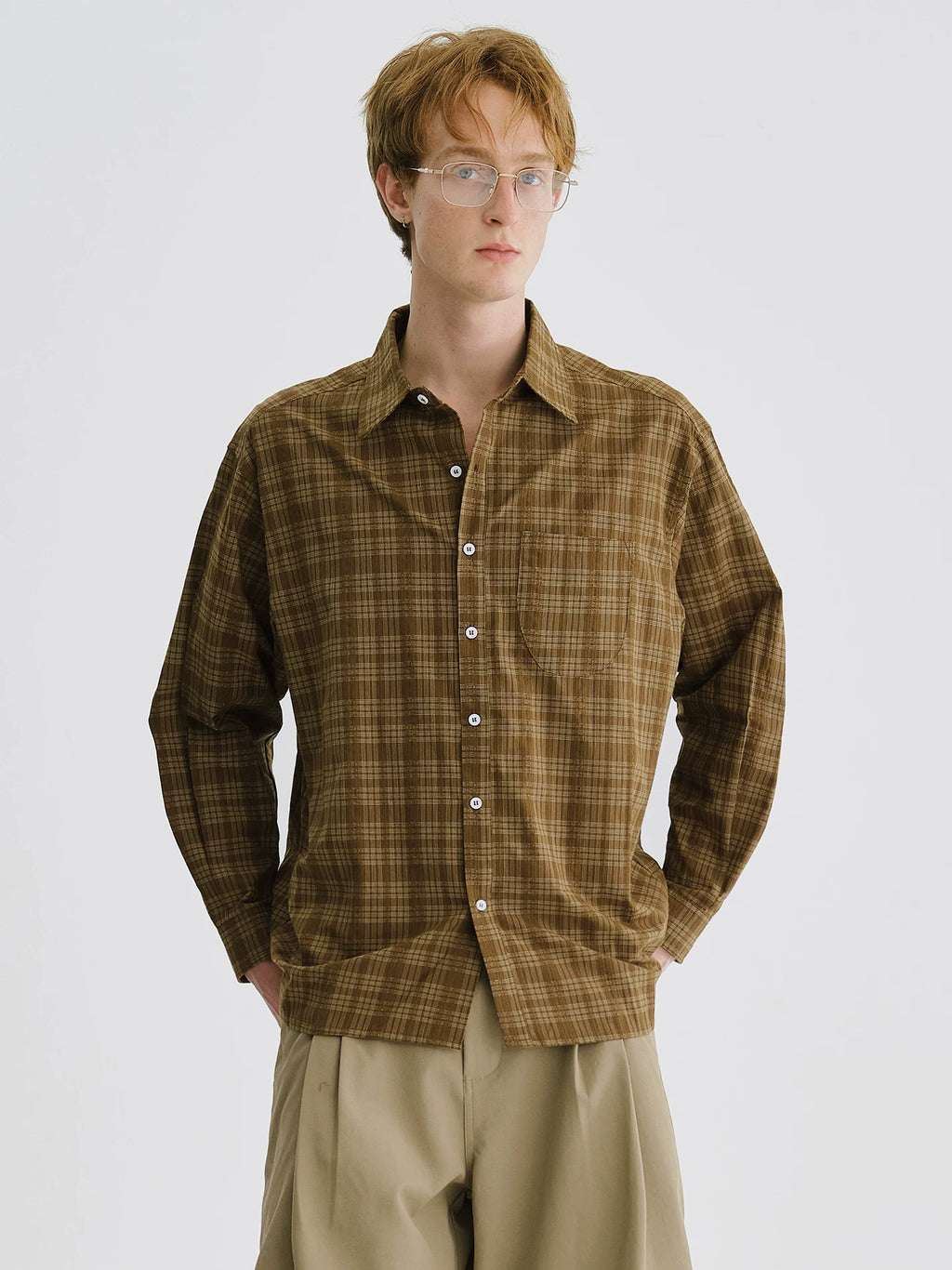 LIVINGTOWN Lapel Plaid Pocket Long-sleeved Shirt