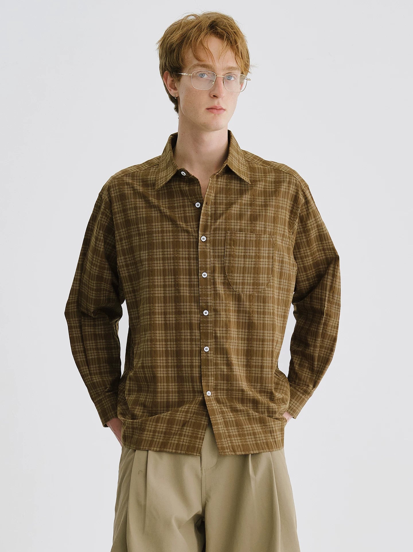 LIVINGTOWN Lapel Plaid Pocket Long-sleeved Shirt