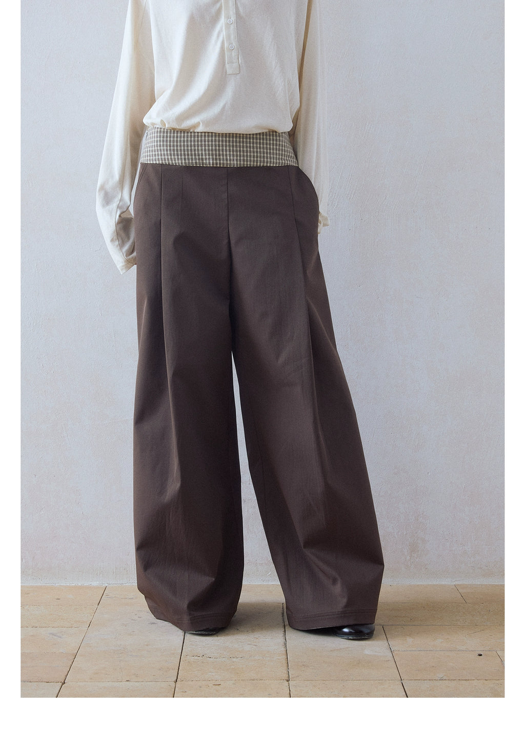 DIMC Checked Stitching Inner Pleated Wide-leg High-waisted Pants