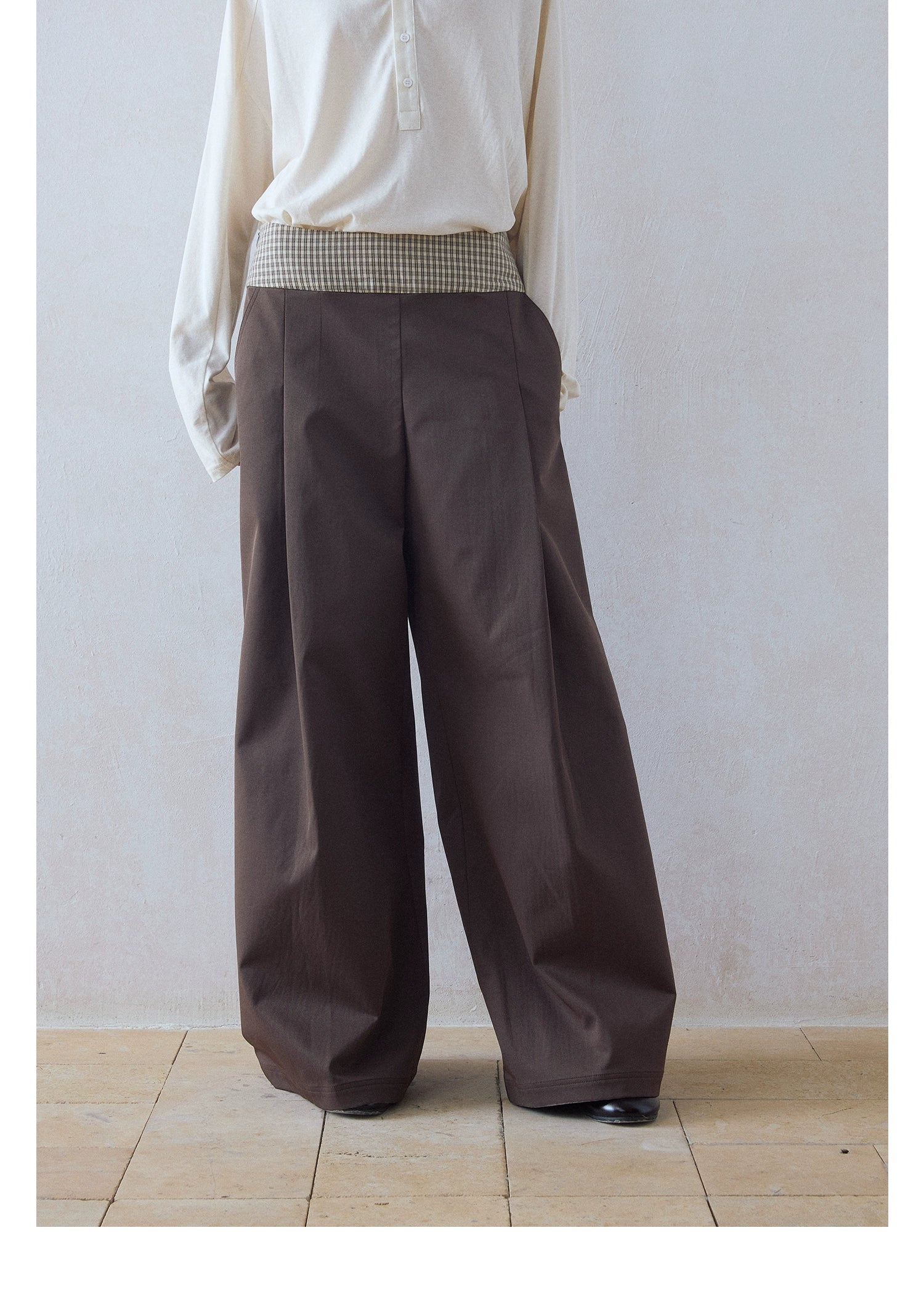 DIMC Checked Stitching Inner Pleated Wide-leg High-waisted Pants