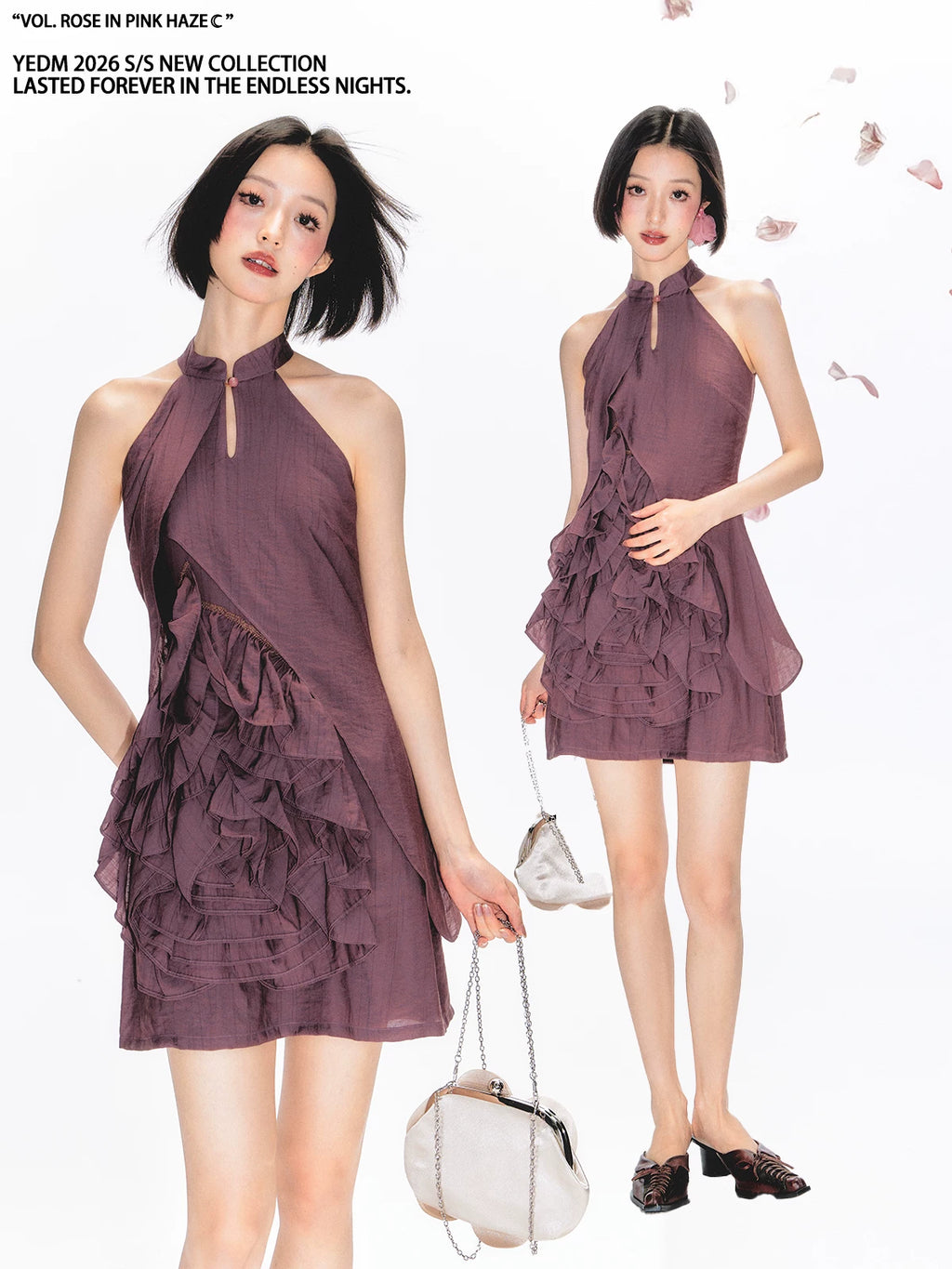 YEDM Stand-up Neck Neck Three-dimensional Rose Dress