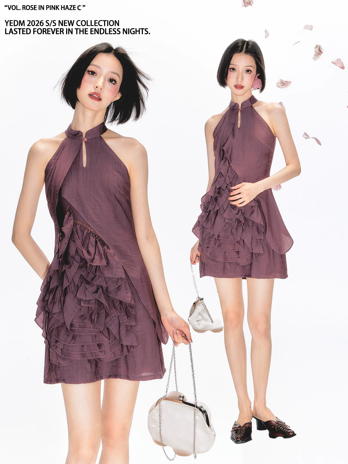 YEDM Stand-up Neck Neck Three-dimensional Rose Dress