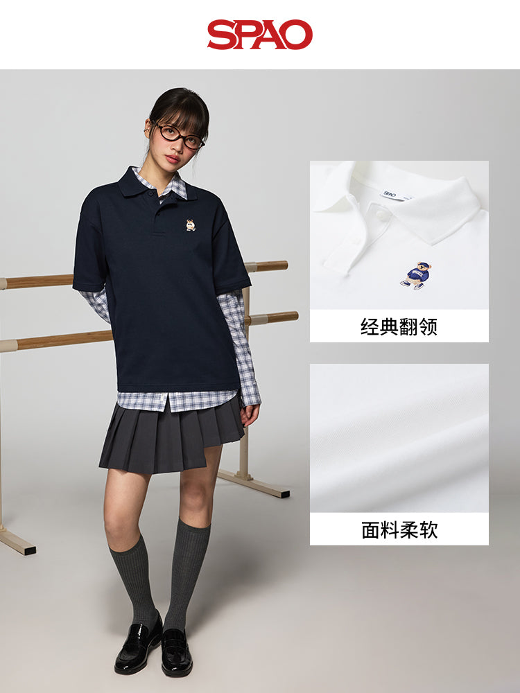SPAO Korean Style Men's Bear Lapel POLO Shirt SPHWF24C50