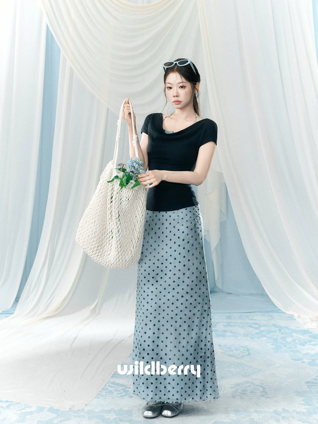 Wildberry High Waist Skinny Polka Dot Skirt