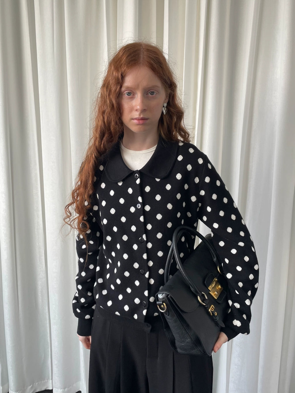 Loosesmell Polka Dot Doll Collar Long Sleeve Knitted Cardigan