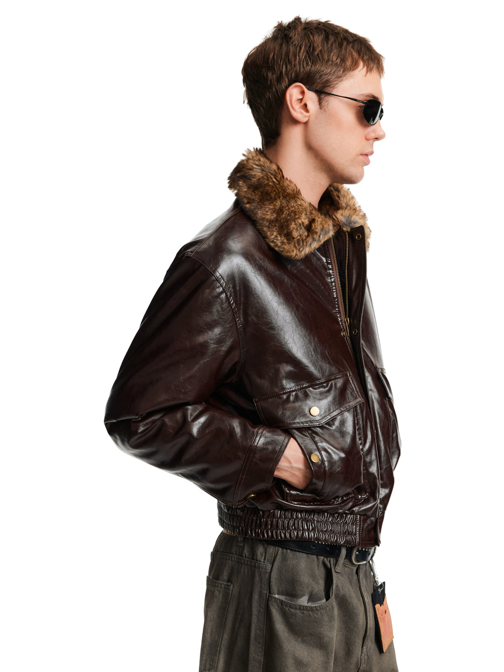 MADWITCH Retro Stitching Fur Collar PU Leather Jacket Cotton Jacket