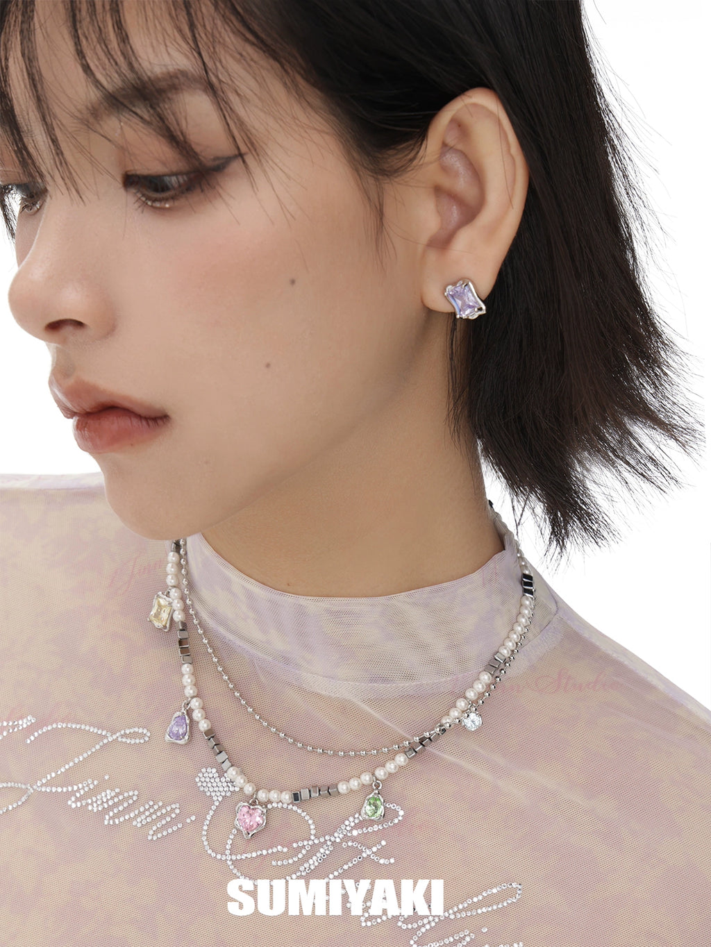 SUMIYAKI Rainbow Zircon Sweet Cool Pearl Necklace
