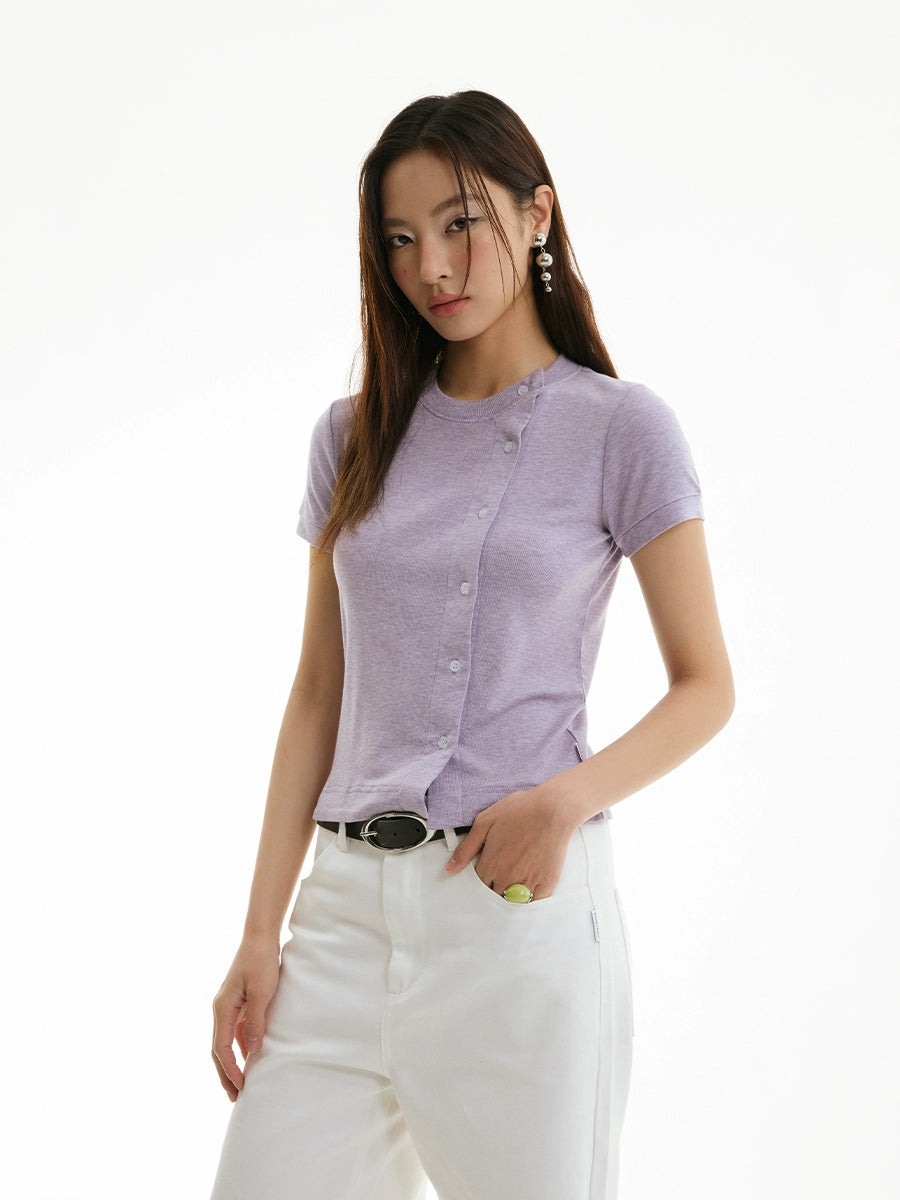 FUNKYFUN Knitted Crew Neck Cardigan Front Shoulder Tee