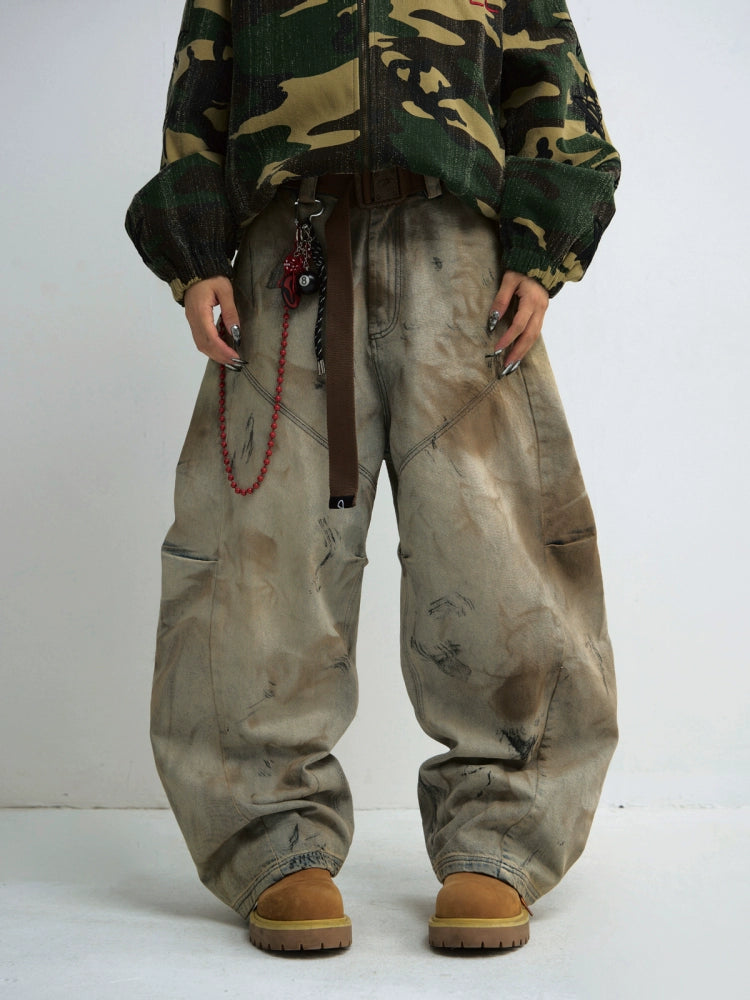 PEOPLESTYLE Yellow Mud Dyed Heavy Industry Dirty Wash Wide Leg Jeans