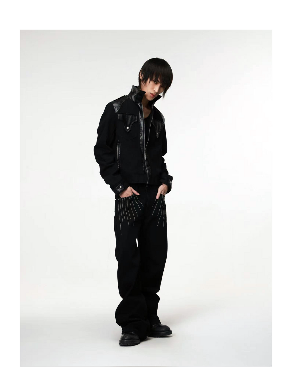DETW Three-dimensional Line Embroidered Stacked Jeans