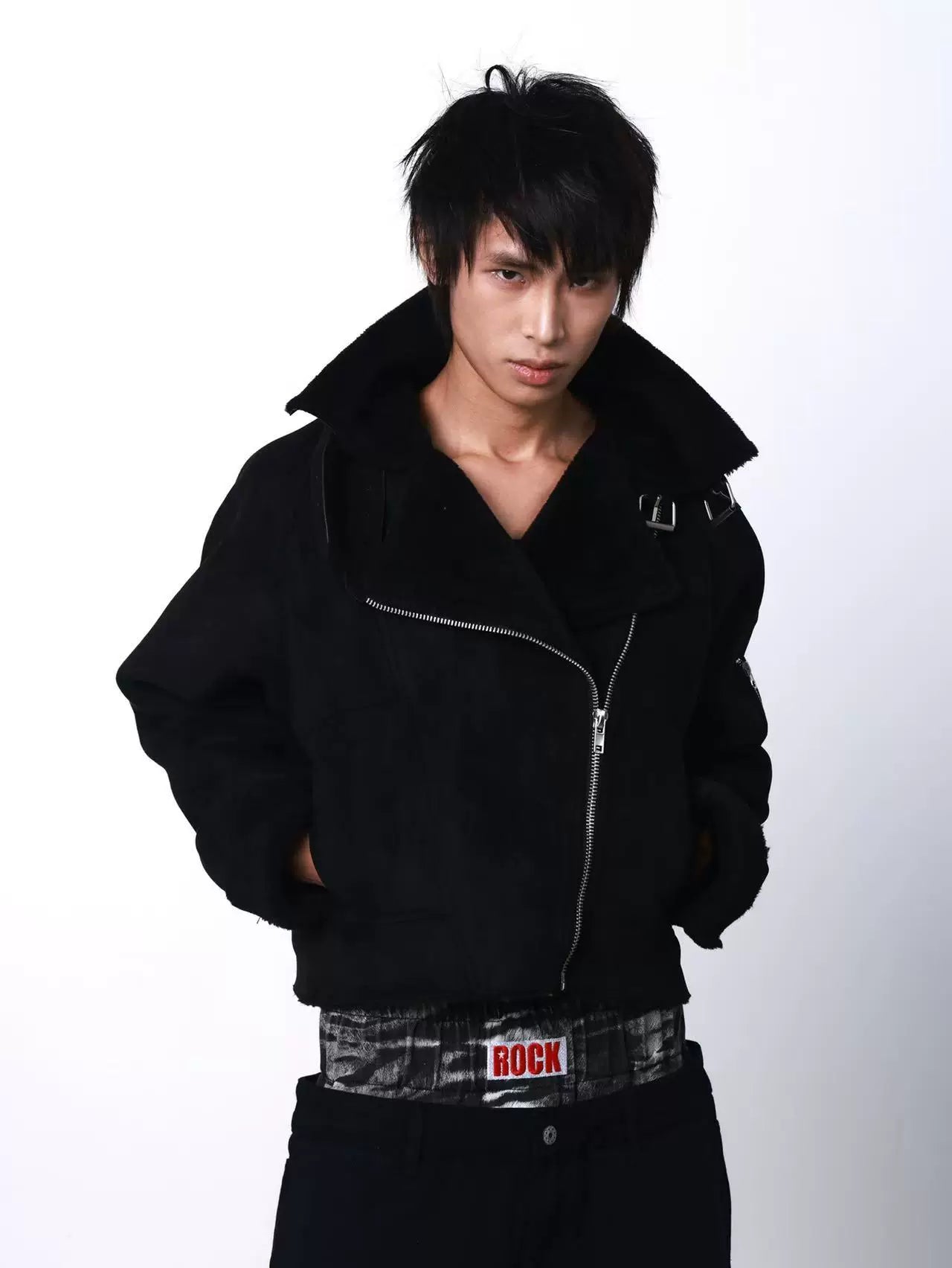 DETW Diagonal Zipper Suede Lamb Wool Thickened Jacket Cotton Coat