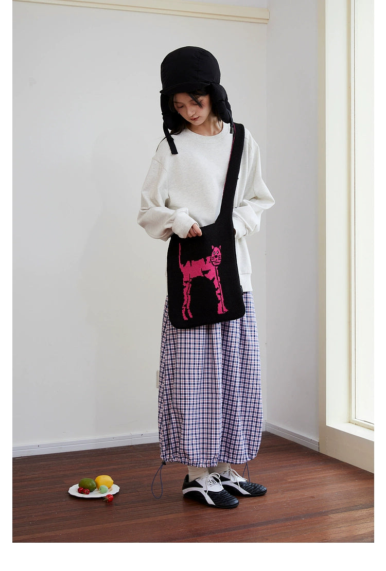 Mood Like Me Knitted Yarn Pink Cat Illustration Jacquard Crossbody Bag
