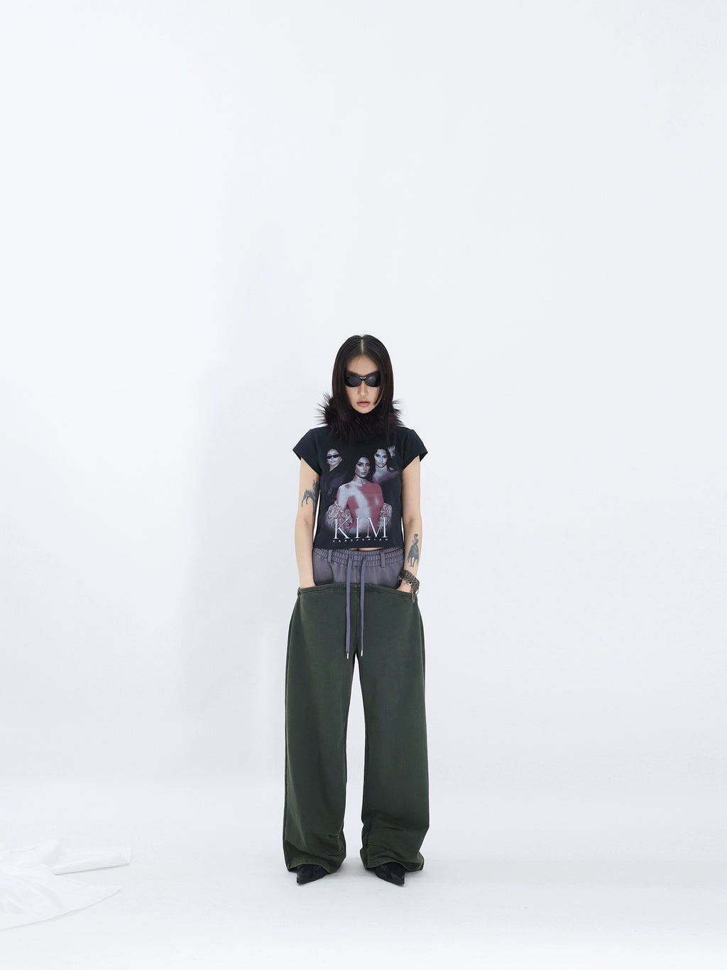 FUZZYKON Loose Old Splicing Double Waist Sweatpants