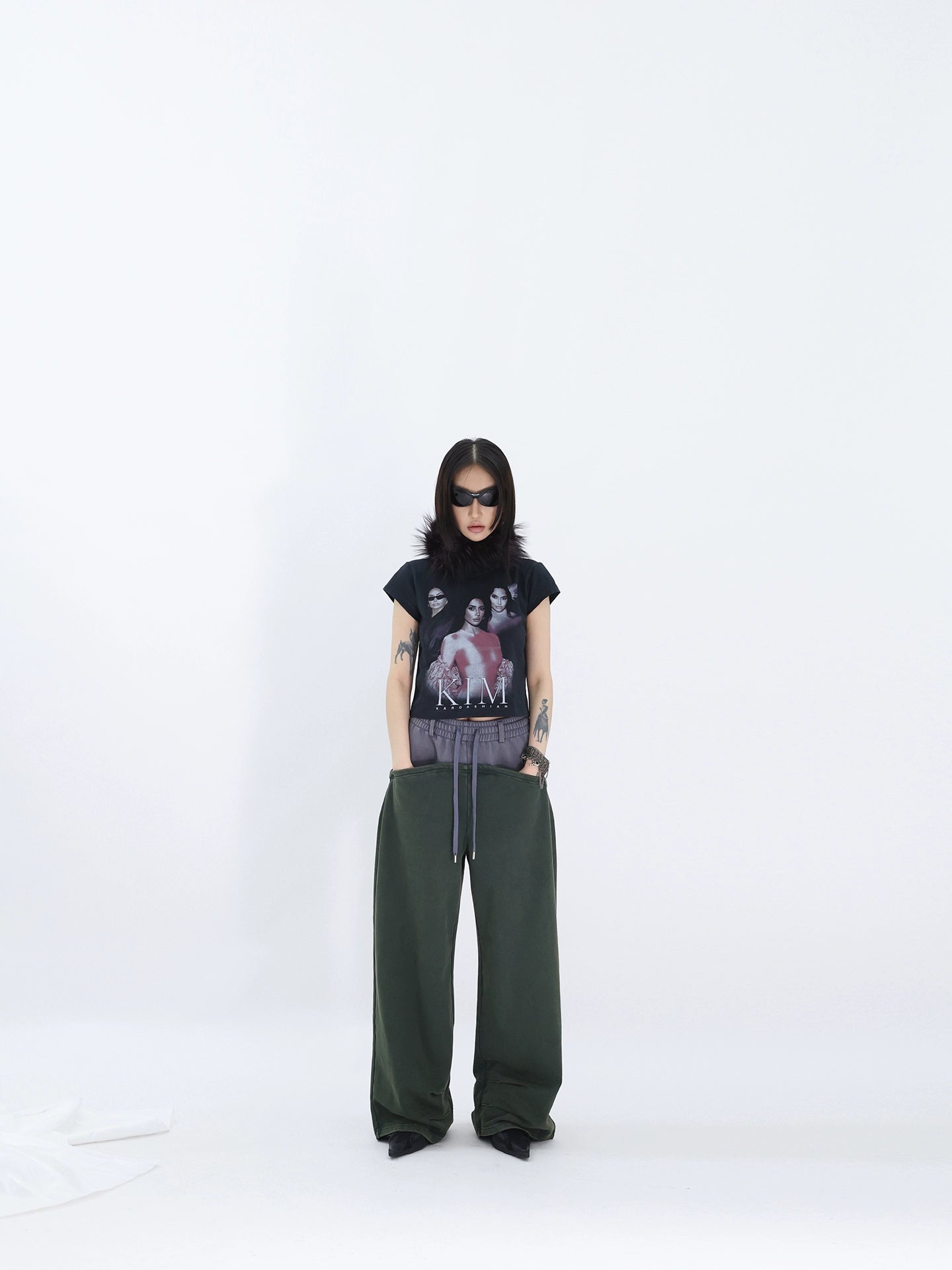 FUZZYKON Loose Old Splicing Double Waist Sweatpants