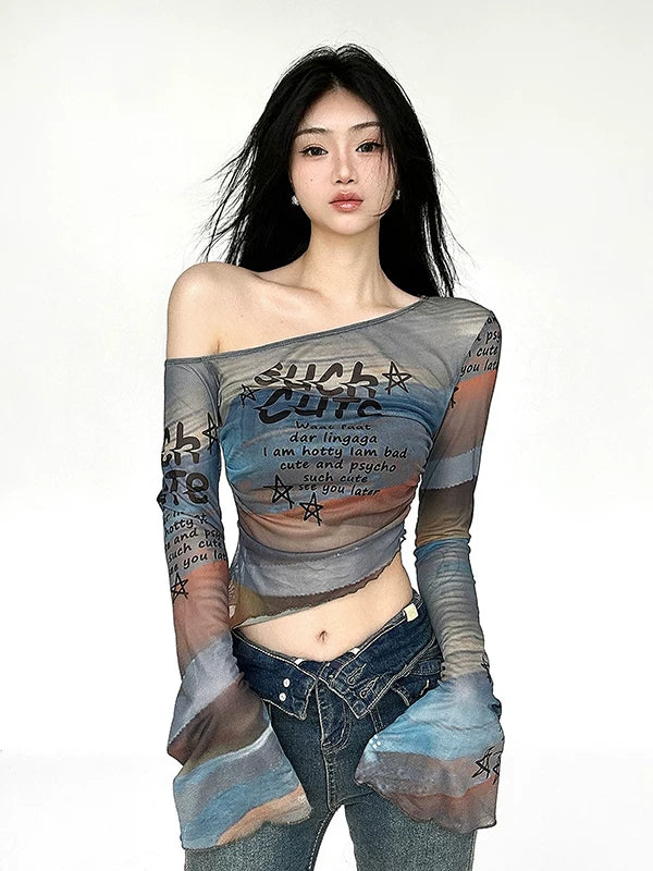 FUNOFF Smudged Letter Print Slanted Shoulder Mesh Blouse
