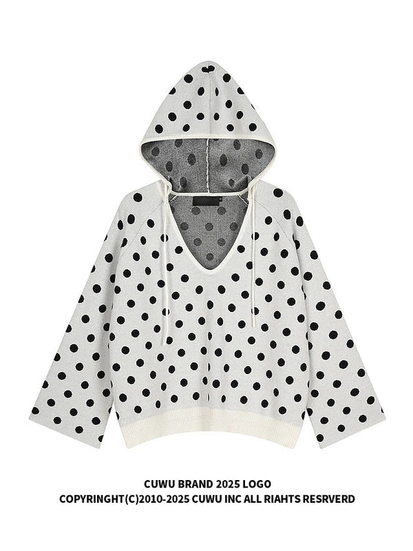 Mershier Vintage Polka Dot V-Neck Hooded Knitted Sweater