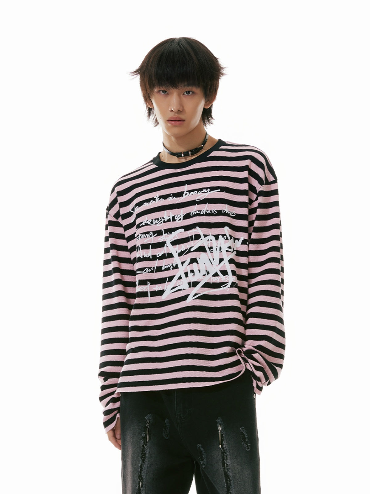 FUNKYFUN Handwritten Flower Type Graffiti Punk Striped Tee