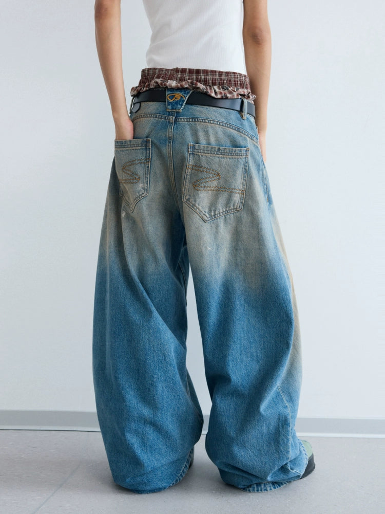 PEOPLESENSE Yellow Mud Dyed Dirty Scimitar Washed Wide Leg Jeans