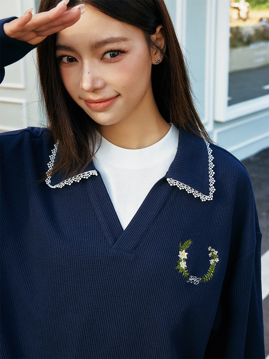 Harshandcruel Korean navy blue waffle V-neck college style lace edge loose seagull neck polo shirt