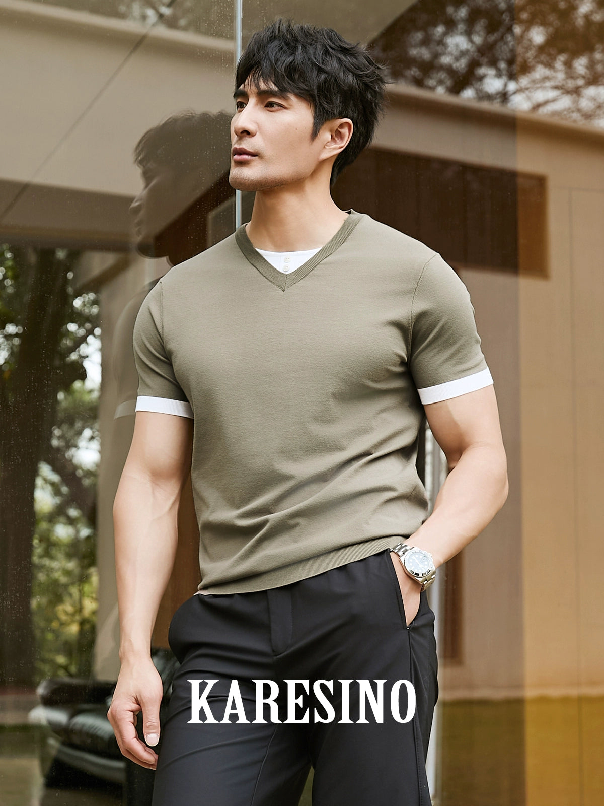 KARESINO Ice Silk Contrasting Color Splicing Knitted Polo Shirt