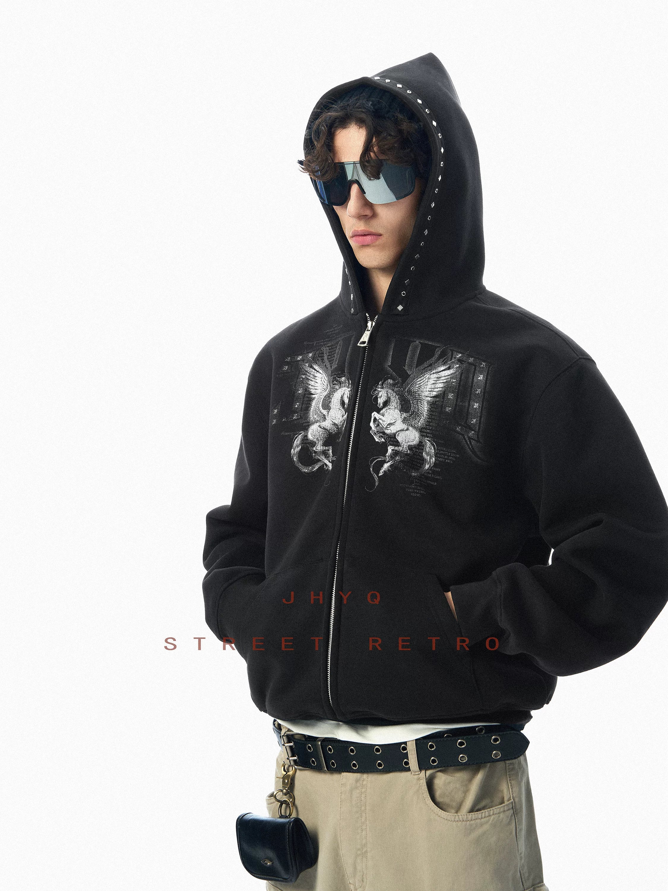 JHYQ Hooded Rivet Short Pegasus Cardigan Jacket