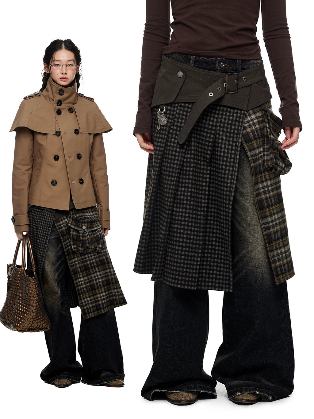 JIKOO Contrasting Color Splicing Plaid Skirt