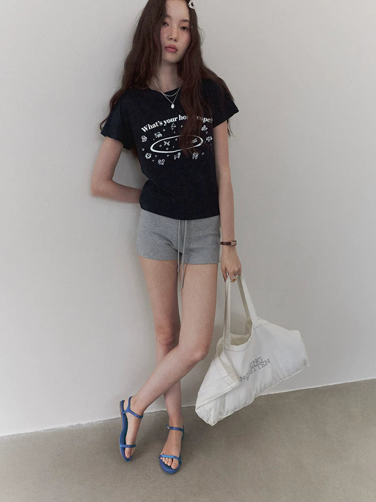 VOOE Crew Neck Letter Print Front Shoulder Versatile Tee