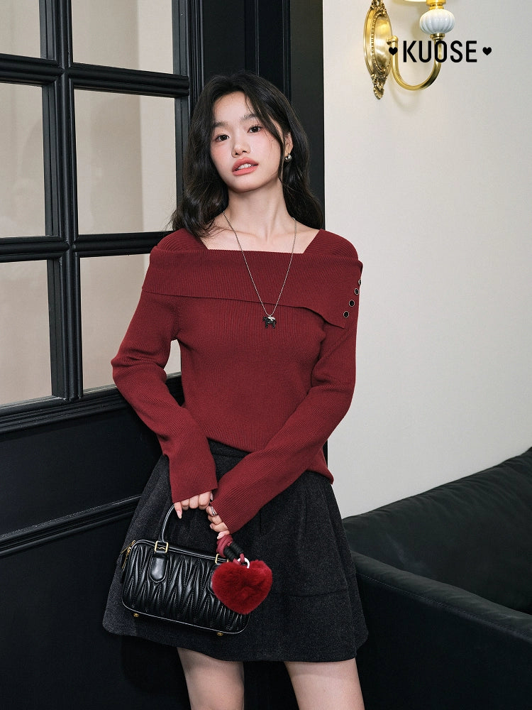 Kuose One-word Shoulder Thin Long-sleeved Knitted Sweater