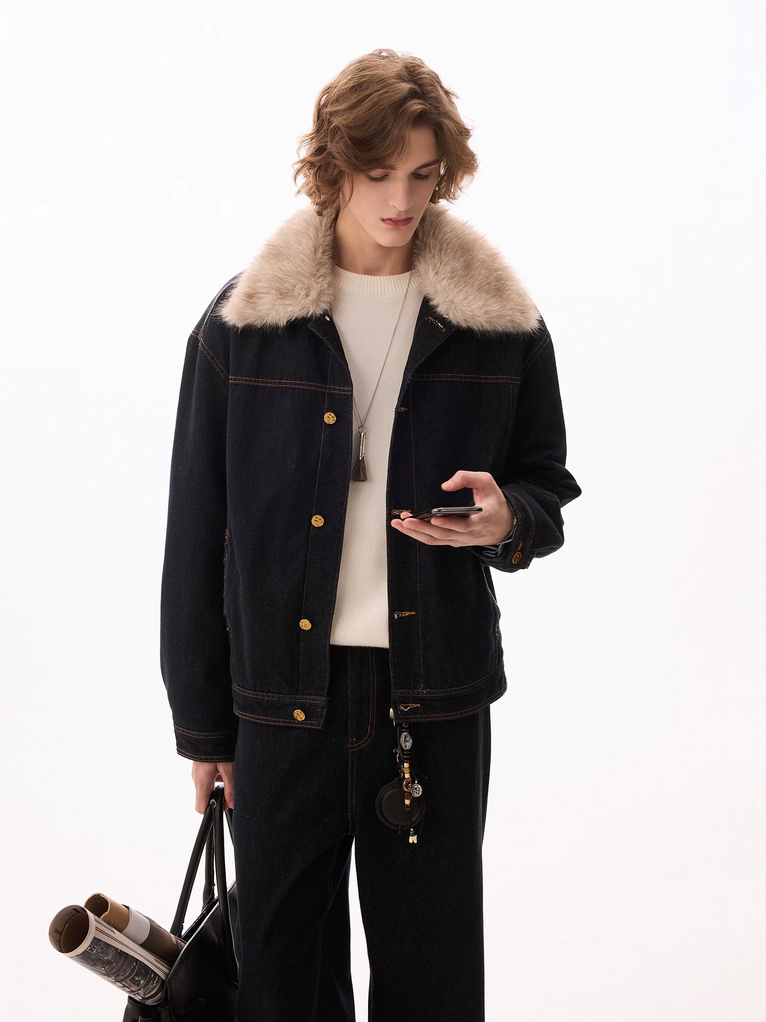 CHOR Removable Fur Collar Thickened Denim Jacket