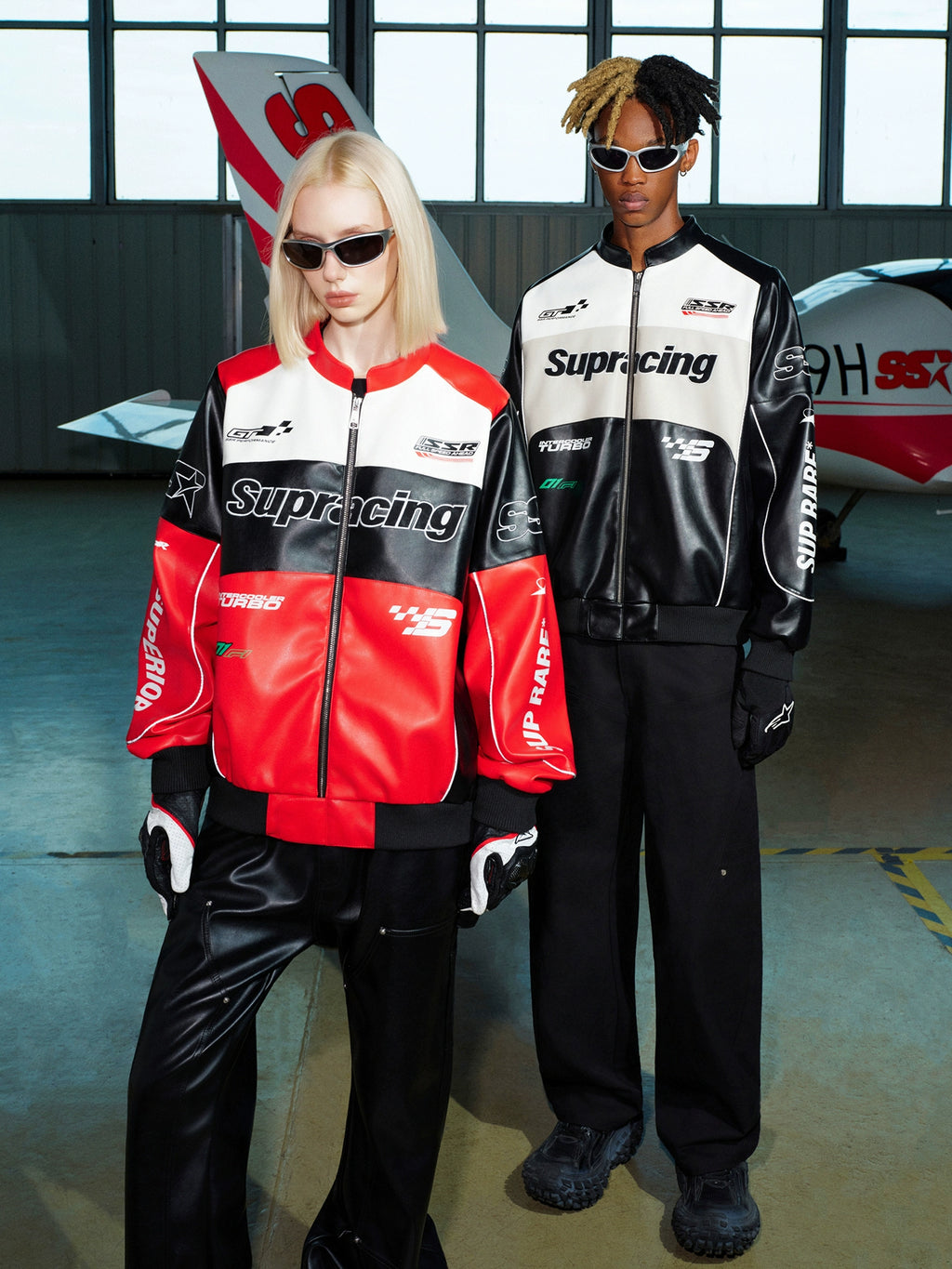 SSR Contrasting Splicing Pu Leather Racing Suit Stand-up Collar Jacket