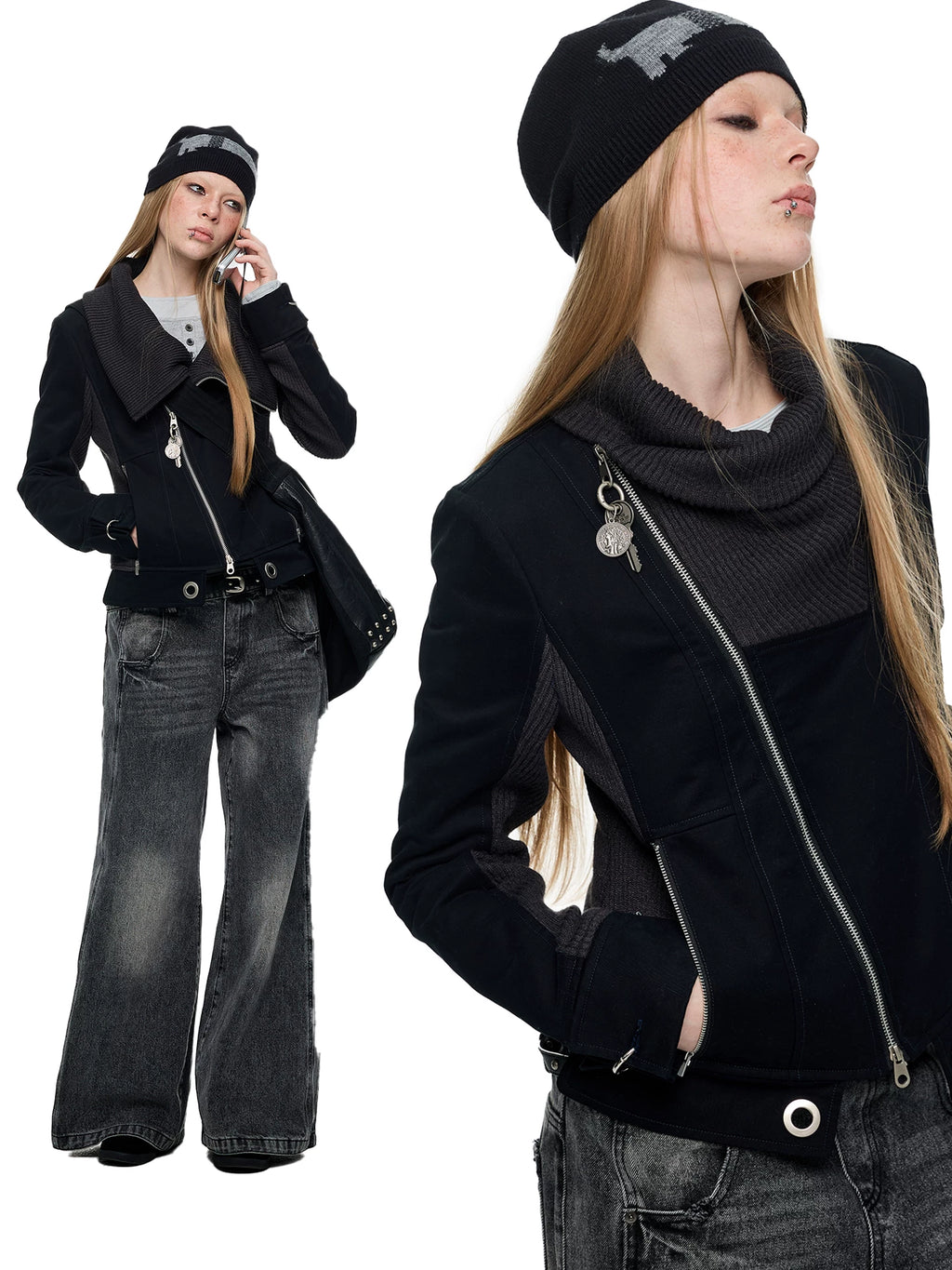 JIKOO Splicing Stack Collar Waist Short Jacket