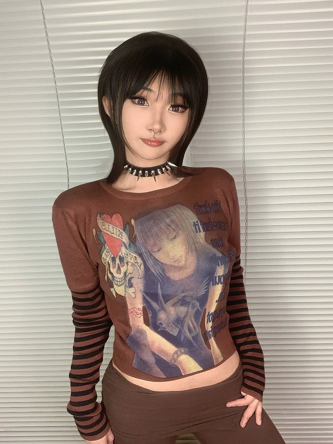 WEBBAR Stretch Stitching Fake Two-piece Striped Long Sleeve