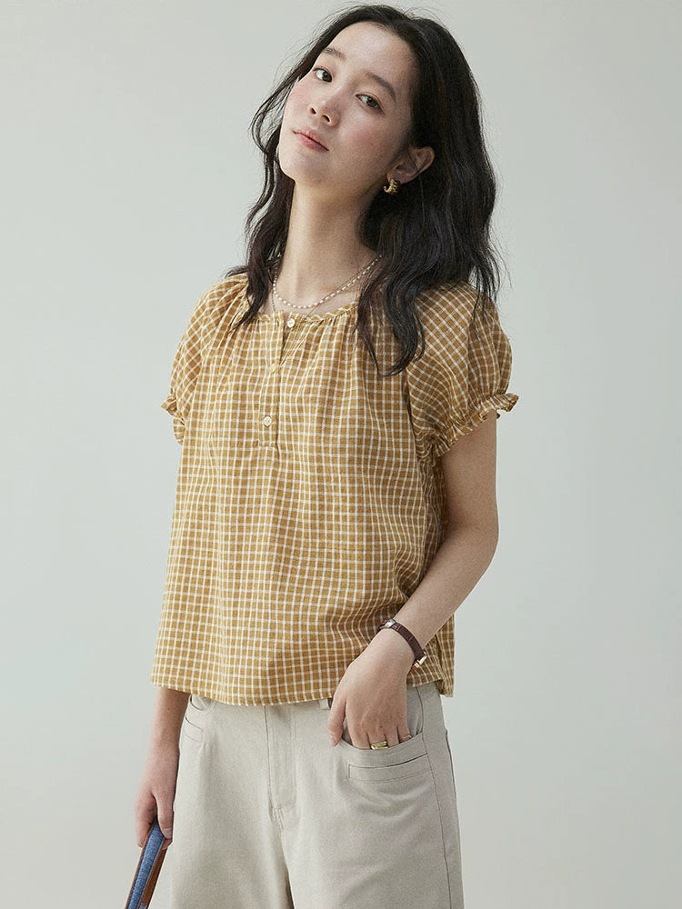 VOOE Vintage Plaid Loose Casual Bubble Sleeve Shirt