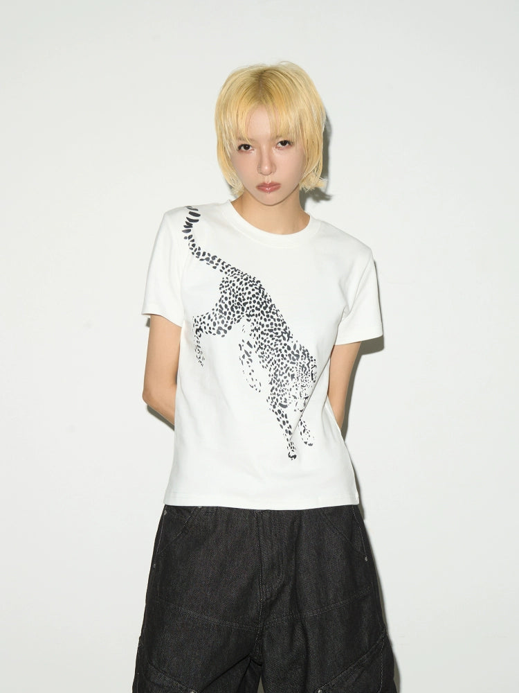 MICHINNYON Leopard Print Front Shoulder Casual Tee