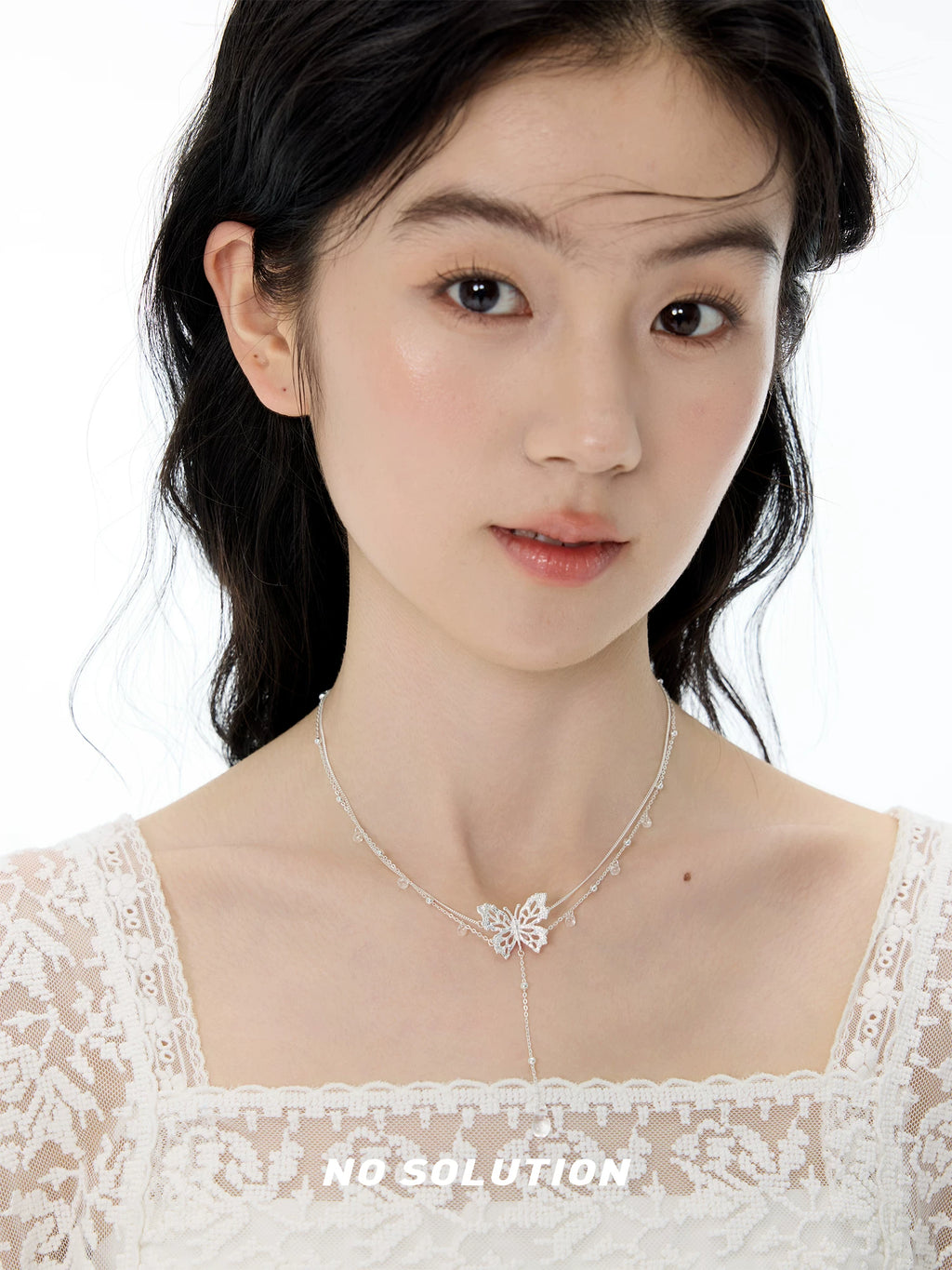 NO SOLUTION Lace Butterfly Tassel Crystal Necklace